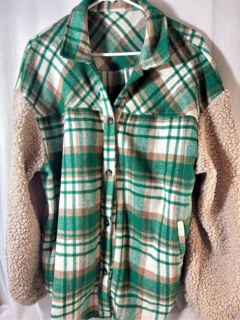 Green Plaid Sherpa Sleeve shaket Size Large